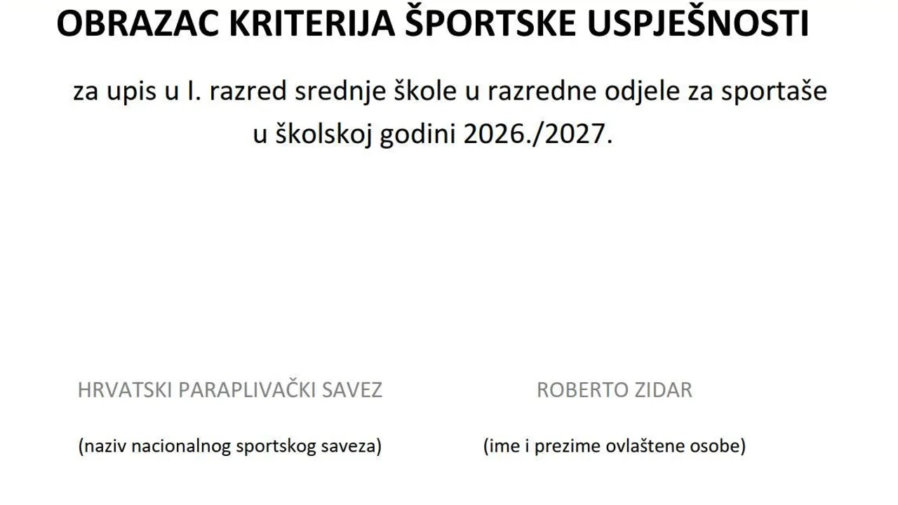 Upis u I. razred srednje škole u školskoj godini 2026./2027. u razredne odjele za sportaše